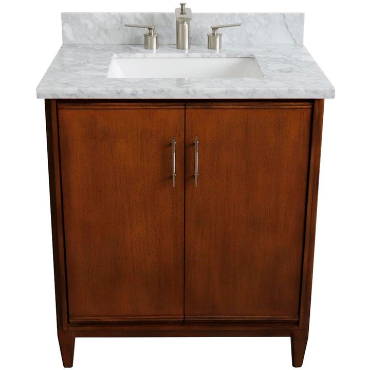 Bellaterra MCM 31" Single Vanity, Walnut, White Carrara Marble Top/Rectangle Sink