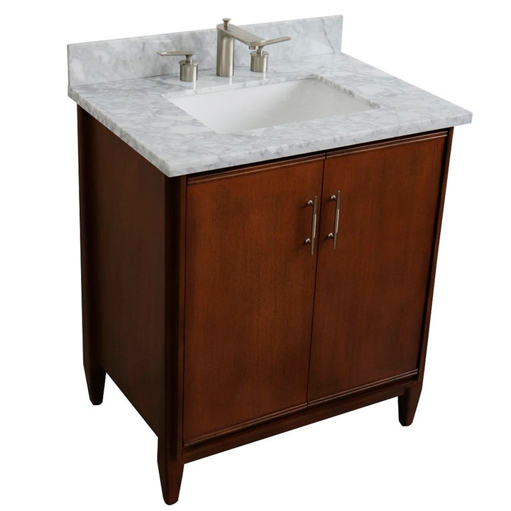 Bellaterra MCM 31" Single Vanity, Walnut, White Carrara Marble Top/Rectangle Sink