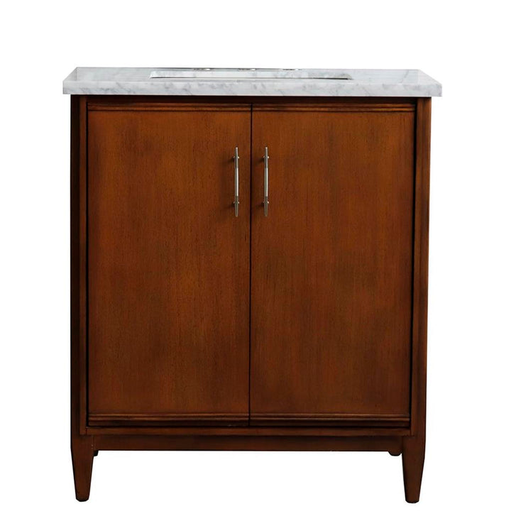 Bellaterra MCM 31" Single Vanity, Walnut, White Carrara Marble Top/Rectangle Sink