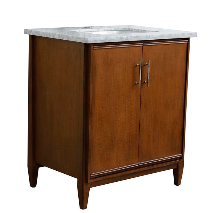 Bellaterra MCM 31" Single Vanity, Walnut, White Carrara Marble Top/Rectangle Sink