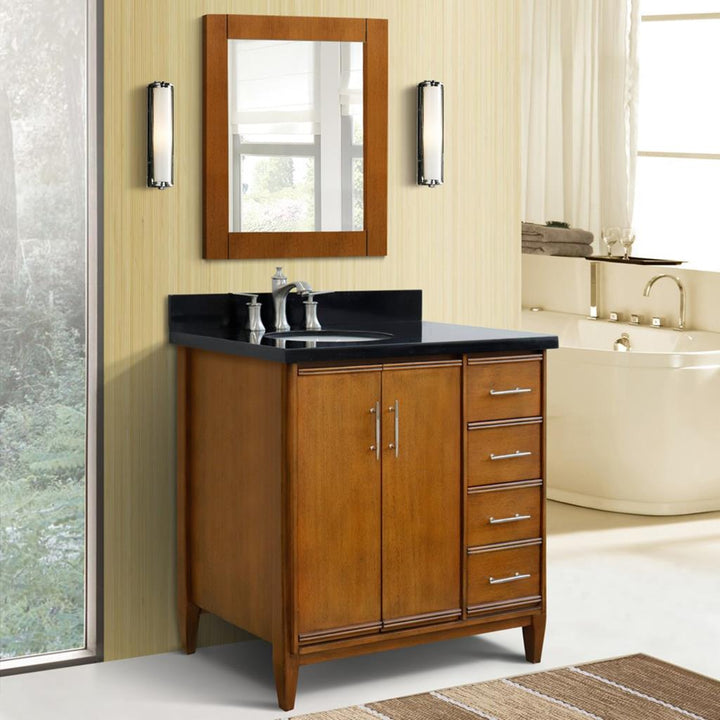 Bellaterra MCM 37" Single Vanity, Walnut, Black Galaxy Granite Top/Oval Sink, Left Door/Left Sink