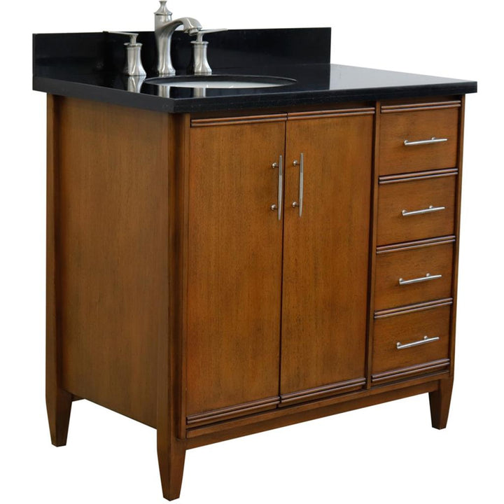 Bellaterra MCM 37" Single Vanity, Walnut, Black Galaxy Granite Top/Oval Sink, Left Door/Left Sink