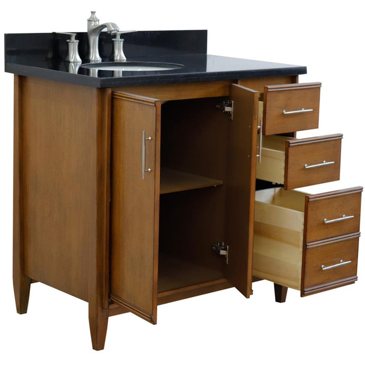 Bellaterra MCM 37" Single Vanity, Walnut, Black Galaxy Granite Top/Oval Sink, Left Door/Left Sink