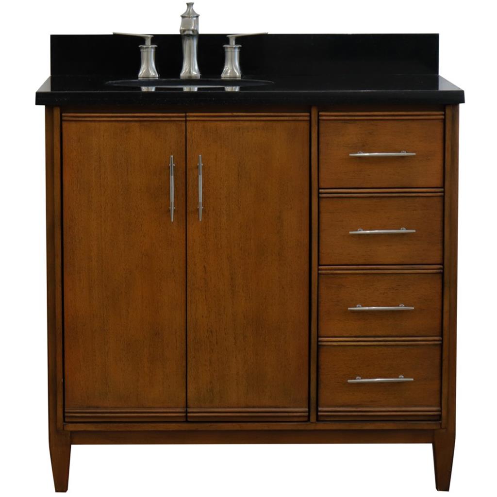 Bellaterra MCM 37" Single Vanity, Walnut, Black Galaxy Granite Top/Oval Sink, Left Door/Left Sink