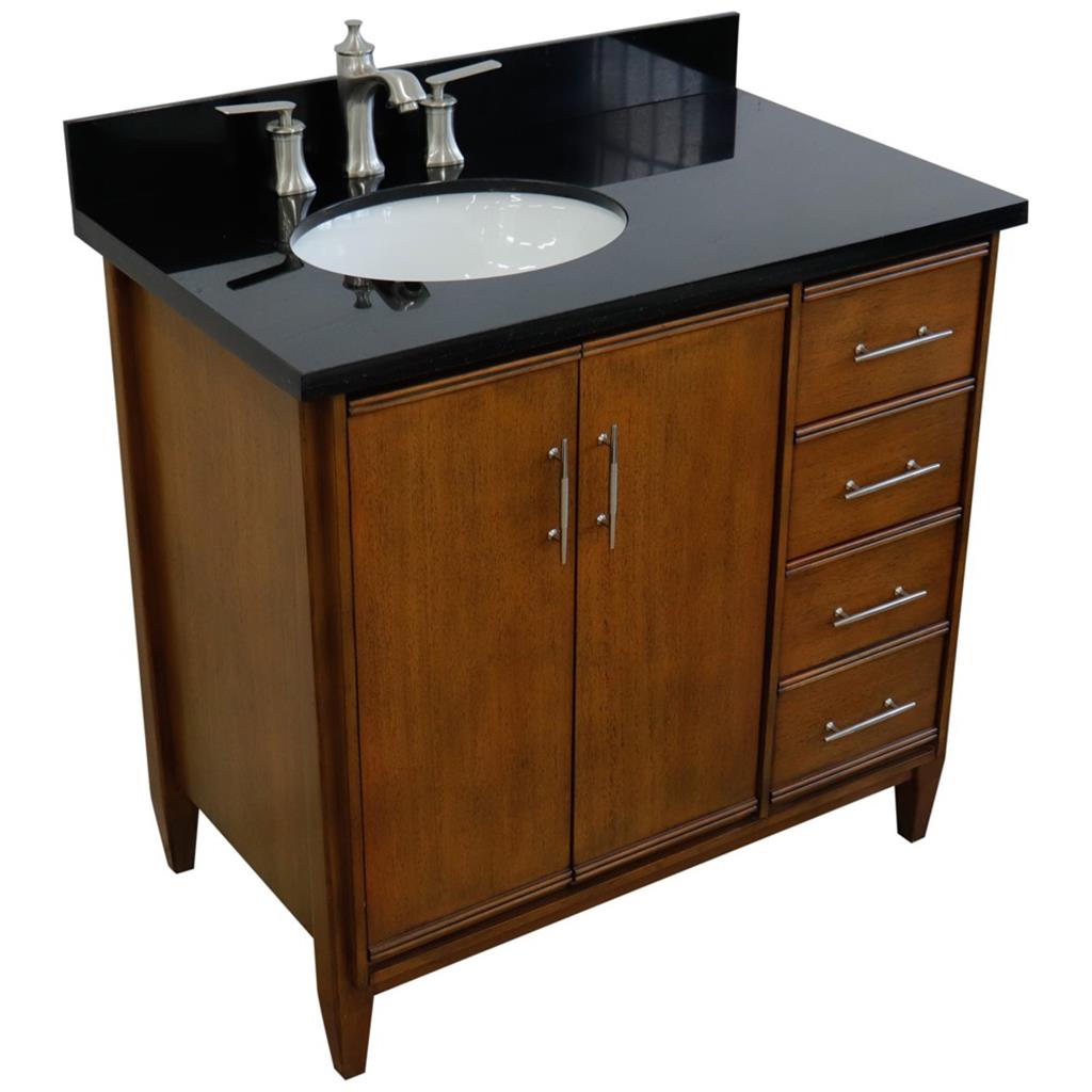 Bellaterra MCM 37" Single Vanity, Walnut, Black Galaxy Granite Top/Oval Sink, Left Door/Left Sink