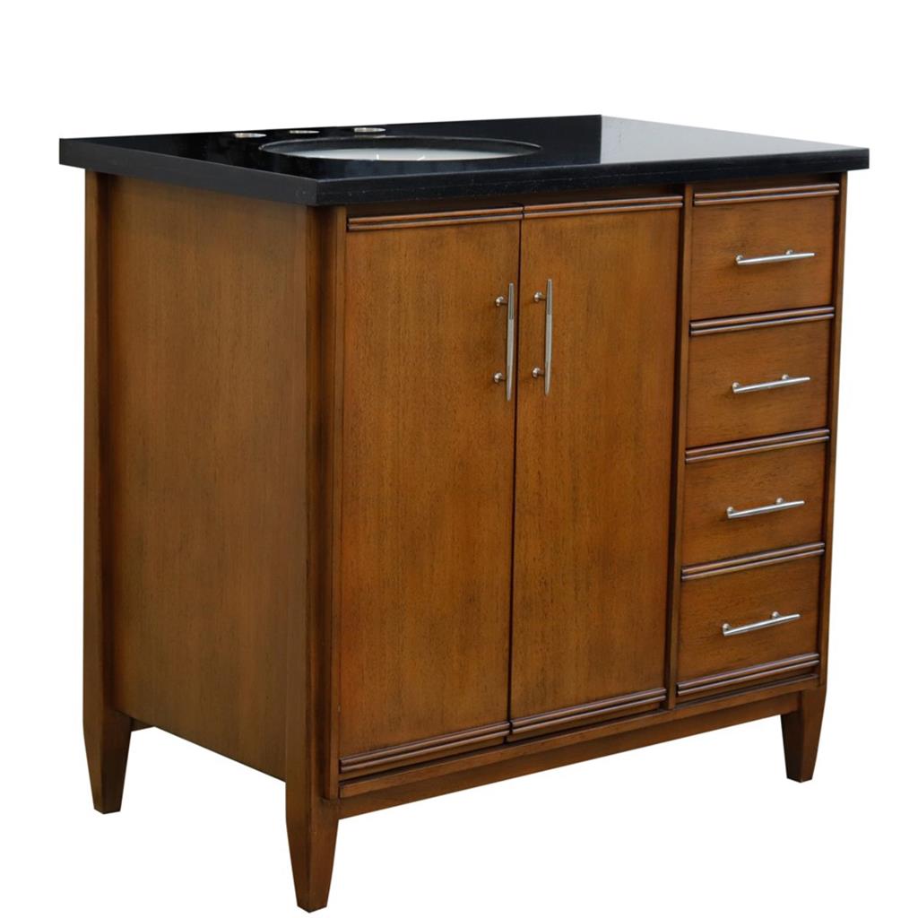 Bellaterra MCM 37" Single Vanity, Walnut, Black Galaxy Granite Top/Oval Sink, Left Door/Left Sink