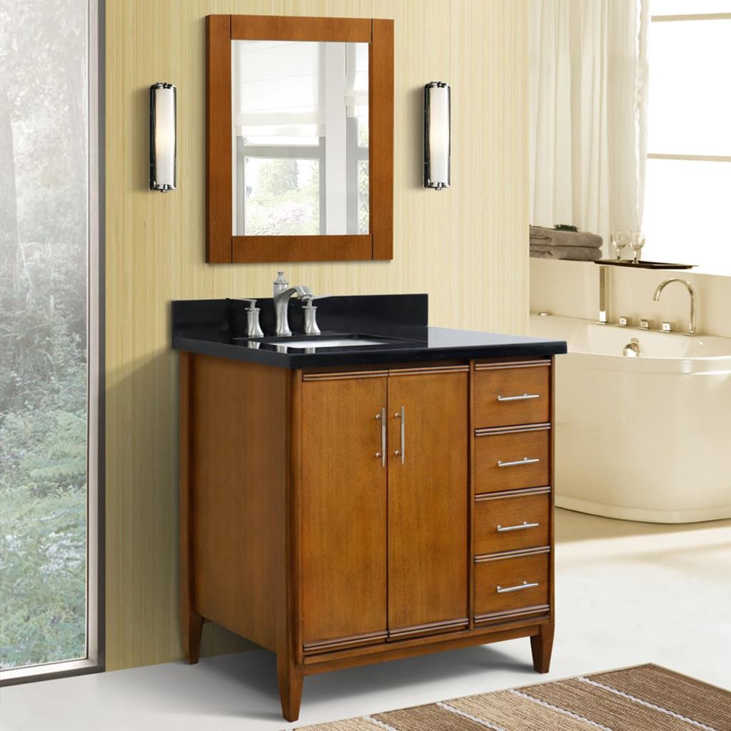 Bellaterra MCM 37" Single Vanity, Walnut, Black Galaxy Granite Top/Rectangle Sink, Left Door/Left Sink