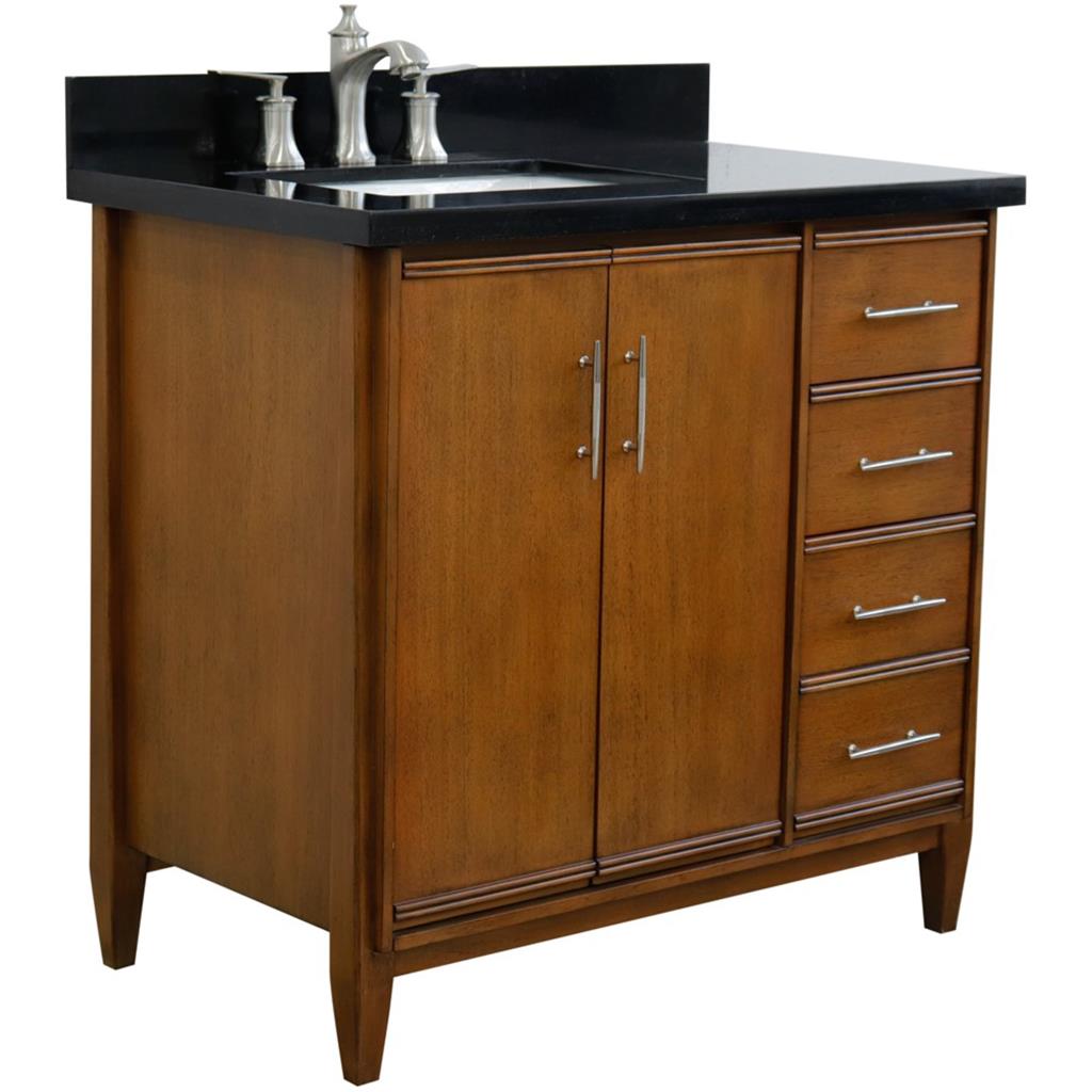 Bellaterra MCM 37" Single Vanity, Walnut, Black Galaxy Granite Top/Rectangle Sink, Left Door/Left Sink