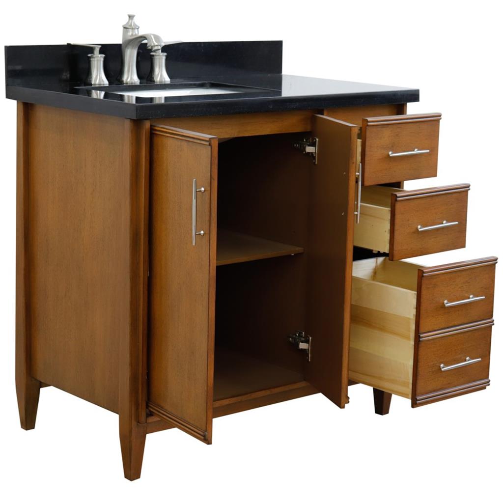 Bellaterra MCM 37" Single Vanity, Walnut, Black Galaxy Granite Top/Rectangle Sink, Left Door/Left Sink