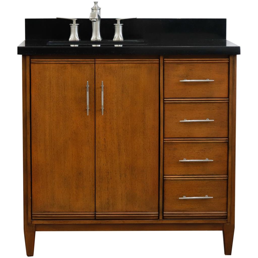 Bellaterra MCM 37" Single Vanity, Walnut, Black Galaxy Granite Top/Rectangle Sink, Left Door/Left Sink