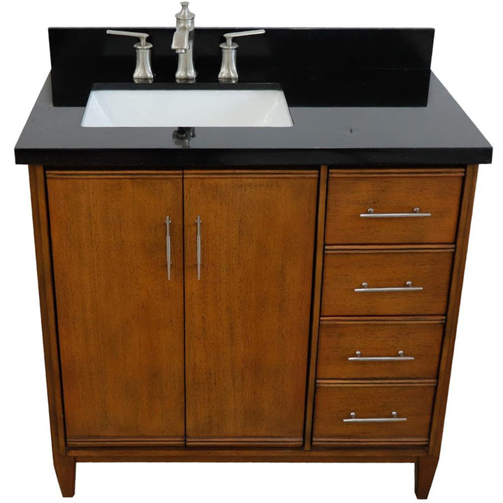 Bellaterra MCM 37" Single Vanity, Walnut, Black Galaxy Granite Top/Rectangle Sink, Left Door/Left Sink