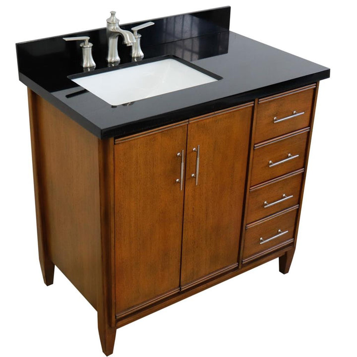 Bellaterra MCM 37" Single Vanity, Walnut, Black Galaxy Granite Top/Rectangle Sink, Left Door/Left Sink