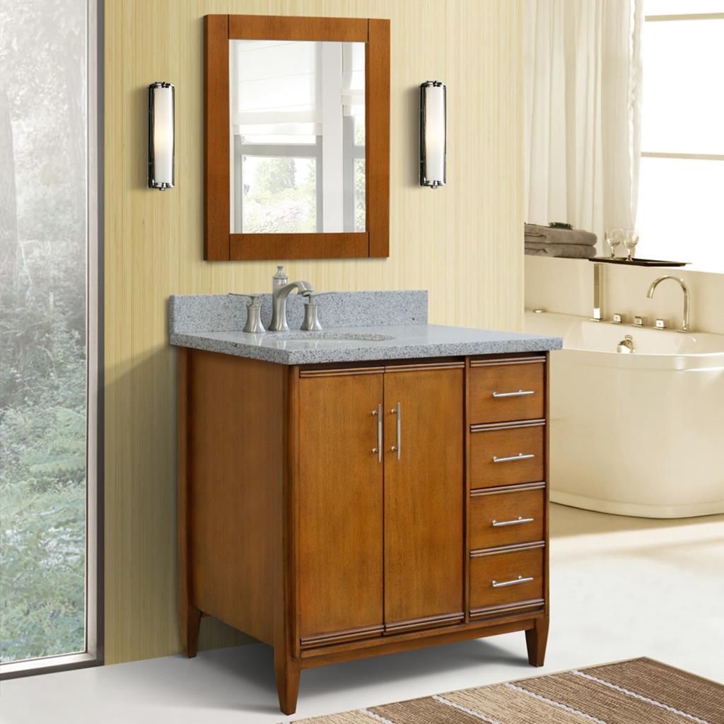 Bellaterra MCM 37" Single Vanity, Walnut, Gray Granite Top/Oval Sink, Left Door/Left Sink