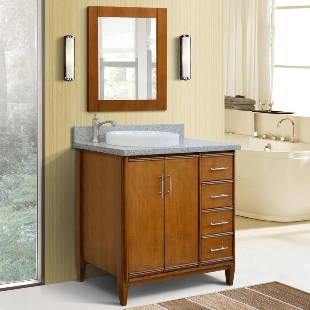 Bellaterra MCM 37" Single Vanity, Walnut, Gray Granite Top/Round Sink, Left Door/Left Sink