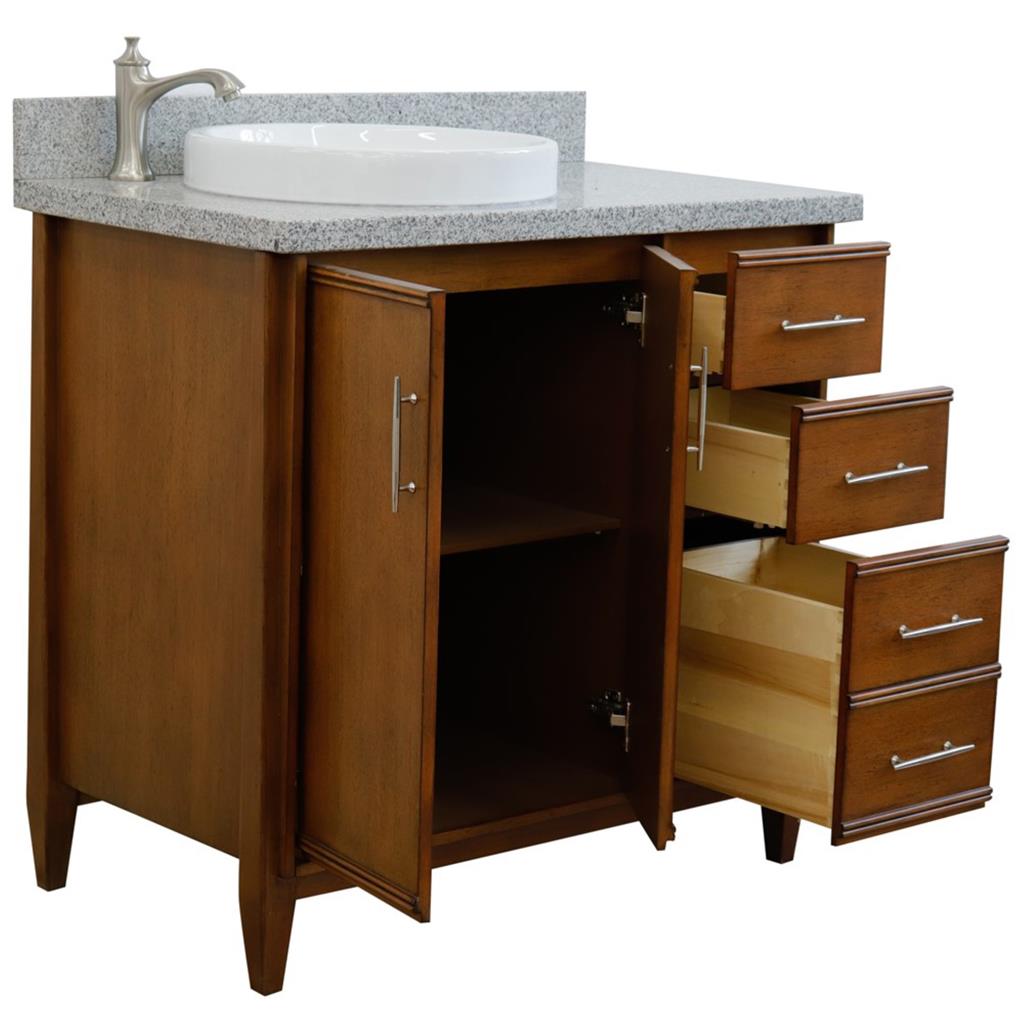 Bellaterra MCM 37" Single Vanity, Walnut, Gray Granite Top/Round Sink, Left Door/Left Sink