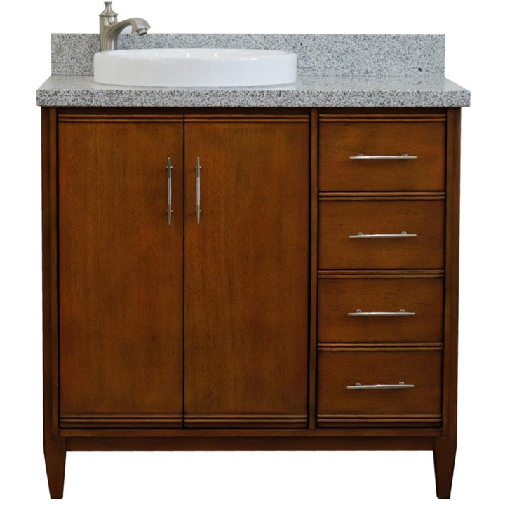 Bellaterra MCM 37" Single Vanity, Walnut, Gray Granite Top/Round Sink, Left Door/Left Sink