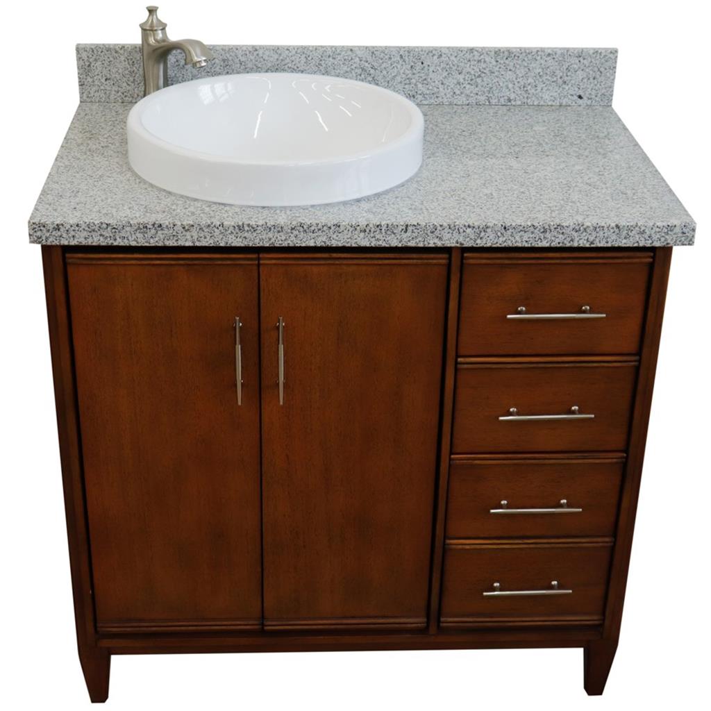 Bellaterra MCM 37" Single Vanity, Walnut, Gray Granite Top/Round Sink, Left Door/Left Sink