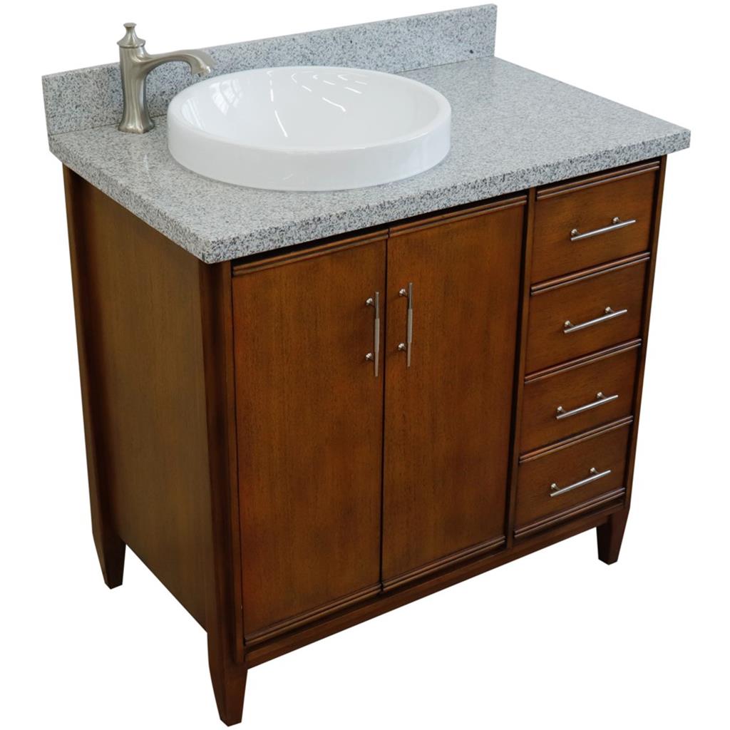 Bellaterra MCM 37" Single Vanity, Walnut, Gray Granite Top/Round Sink, Left Door/Left Sink