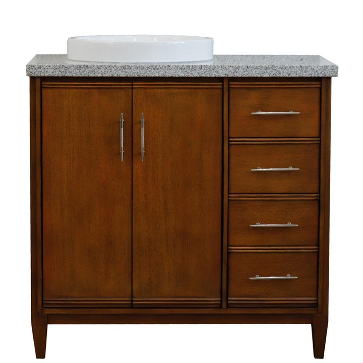 Bellaterra MCM 37" Single Vanity, Walnut, Gray Granite Top/Round Sink, Left Door/Left Sink