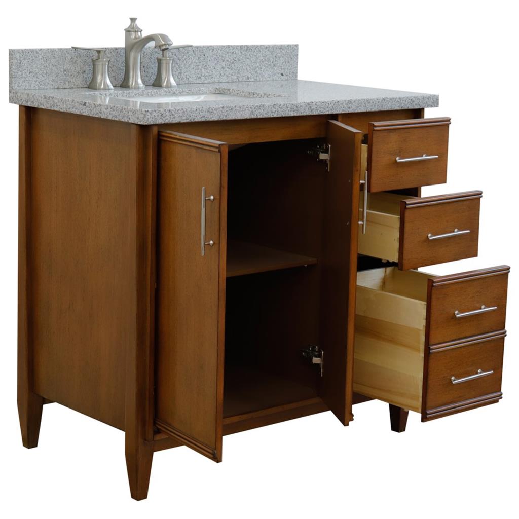 Bellaterra MCM 37" Single Vanity, Walnut, Gray Granite Top/Rectangle Sink, Left Door/Left Sink