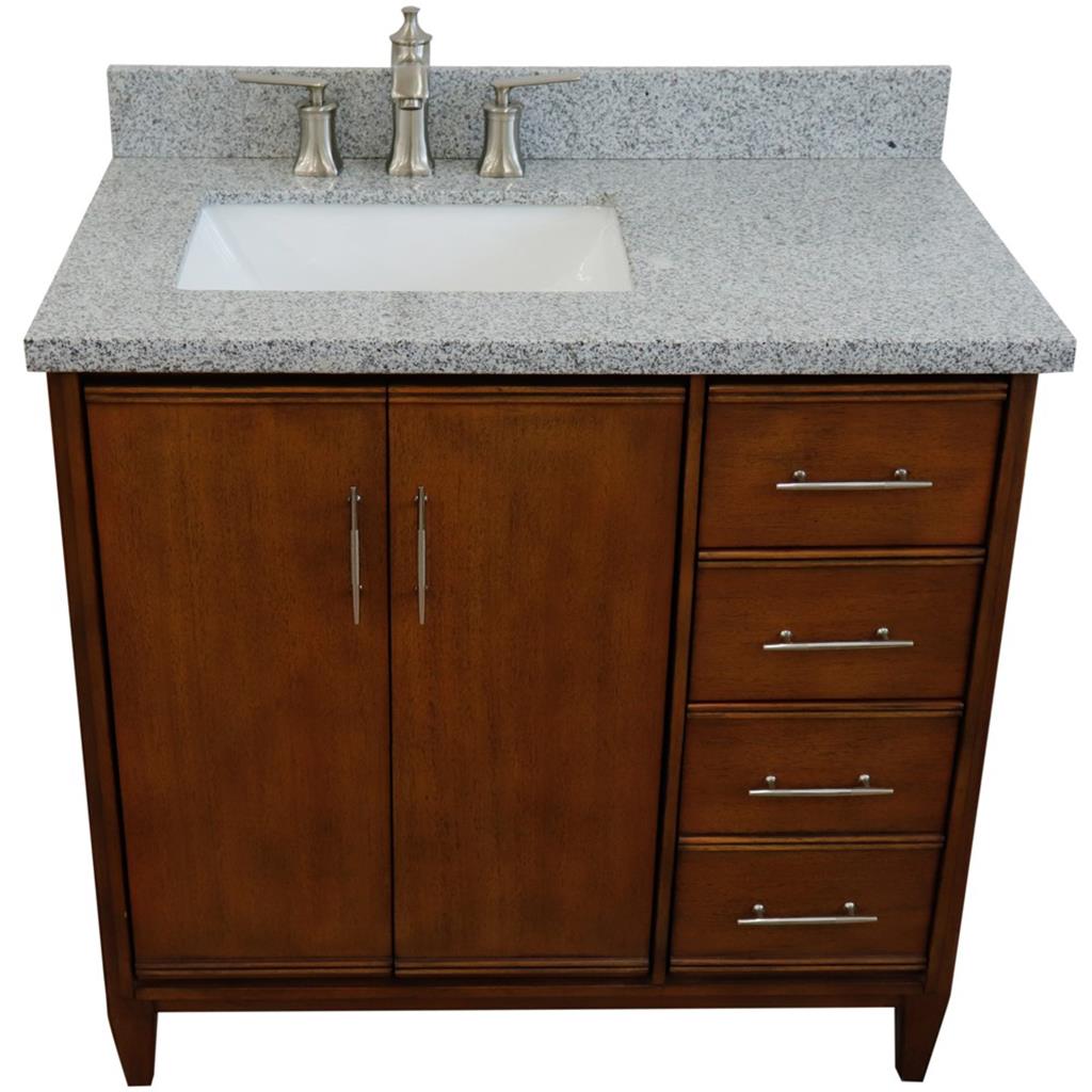 Bellaterra MCM 37" Single Vanity, Walnut, Gray Granite Top/Rectangle Sink, Left Door/Left Sink