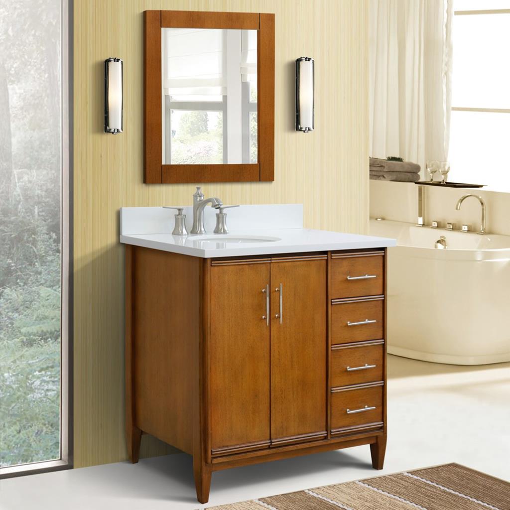 Bellaterra MCM 37" Single Vanity, Walnut, White Quartz Top/Oval Sink, Left Door/Left Sink