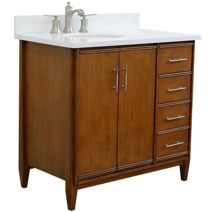 Bellaterra MCM 37" Single Vanity, Walnut, White Quartz Top/Oval Sink, Left Door/Left Sink