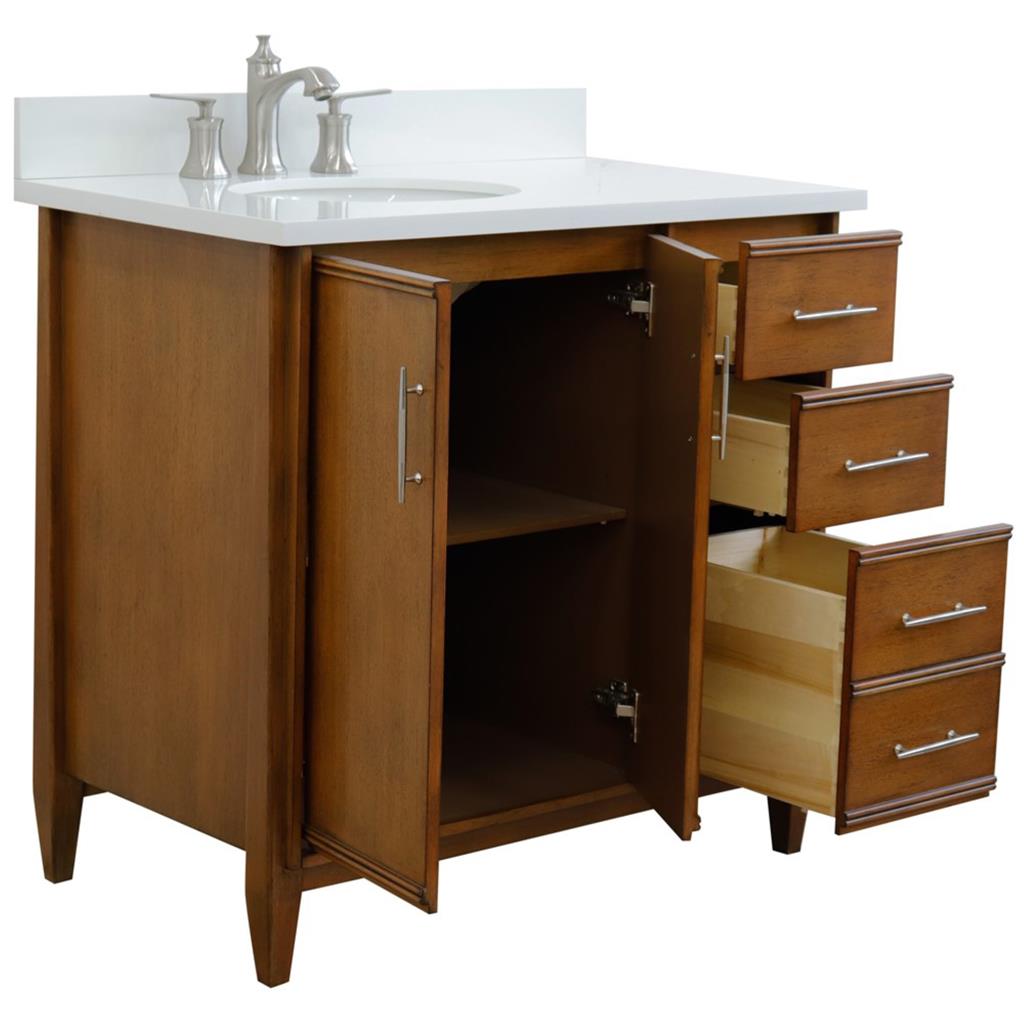 Bellaterra MCM 37" Single Vanity, Walnut, White Quartz Top/Oval Sink, Left Door/Left Sink