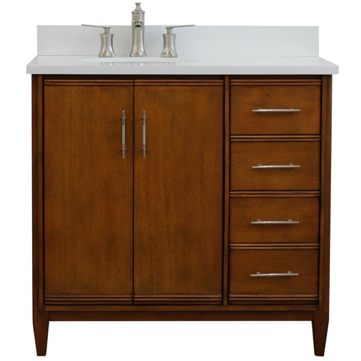 Bellaterra MCM 37" Single Vanity, Walnut, White Quartz Top/Oval Sink, Left Door/Left Sink