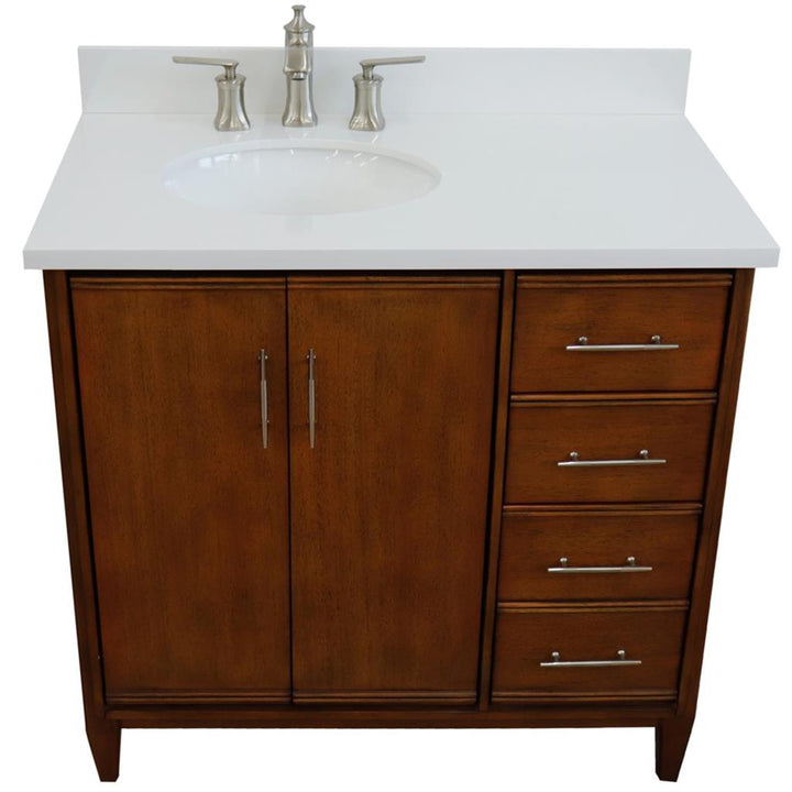 Bellaterra MCM 37" Single Vanity, Walnut, White Quartz Top/Oval Sink, Left Door/Left Sink