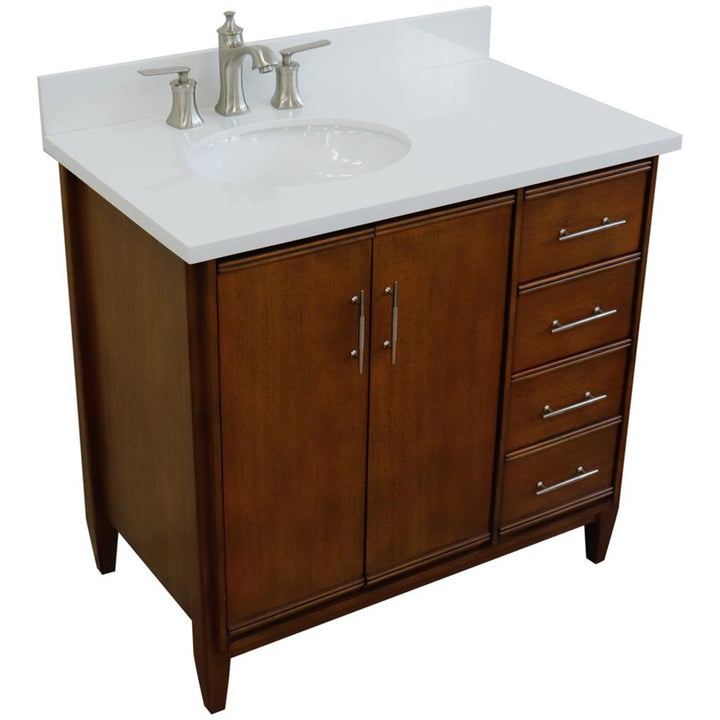 Bellaterra MCM 37" Single Vanity, Walnut, White Quartz Top/Oval Sink, Left Door/Left Sink