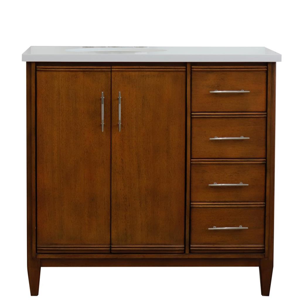 Bellaterra MCM 37" Single Vanity, Walnut, White Quartz Top/Oval Sink, Left Door/Left Sink