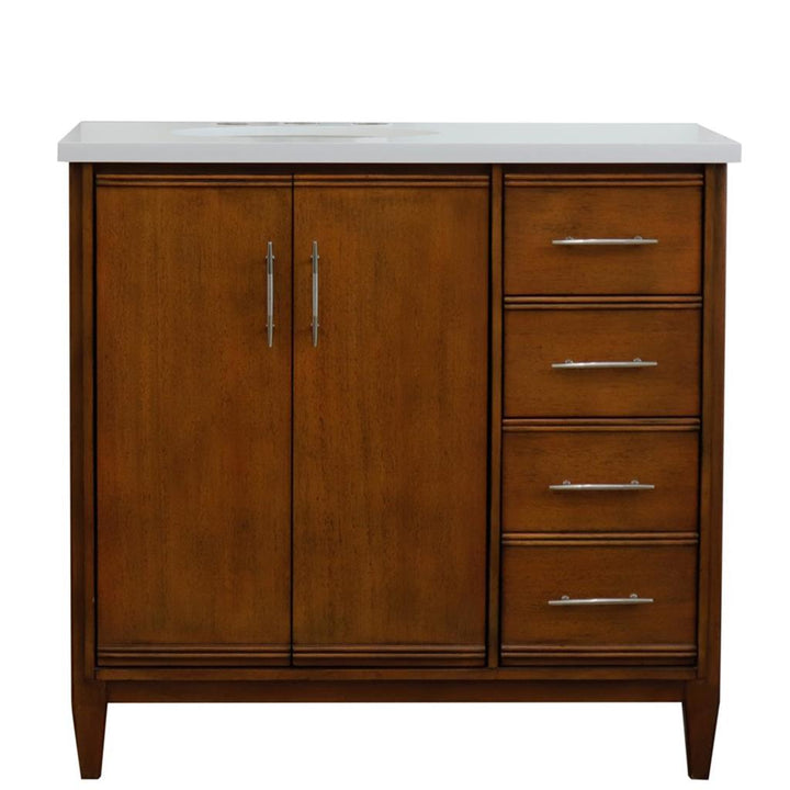 Bellaterra MCM 37" Single Vanity, Walnut, White Quartz Top/Oval Sink, Left Door/Left Sink