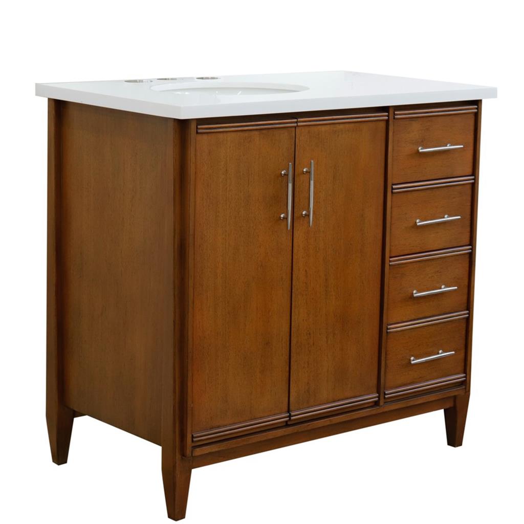 Bellaterra MCM 37" Single Vanity, Walnut, White Quartz Top/Oval Sink, Left Door/Left Sink