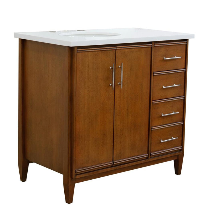 Bellaterra MCM 37" Single Vanity, Walnut, White Quartz Top/Oval Sink, Left Door/Left Sink