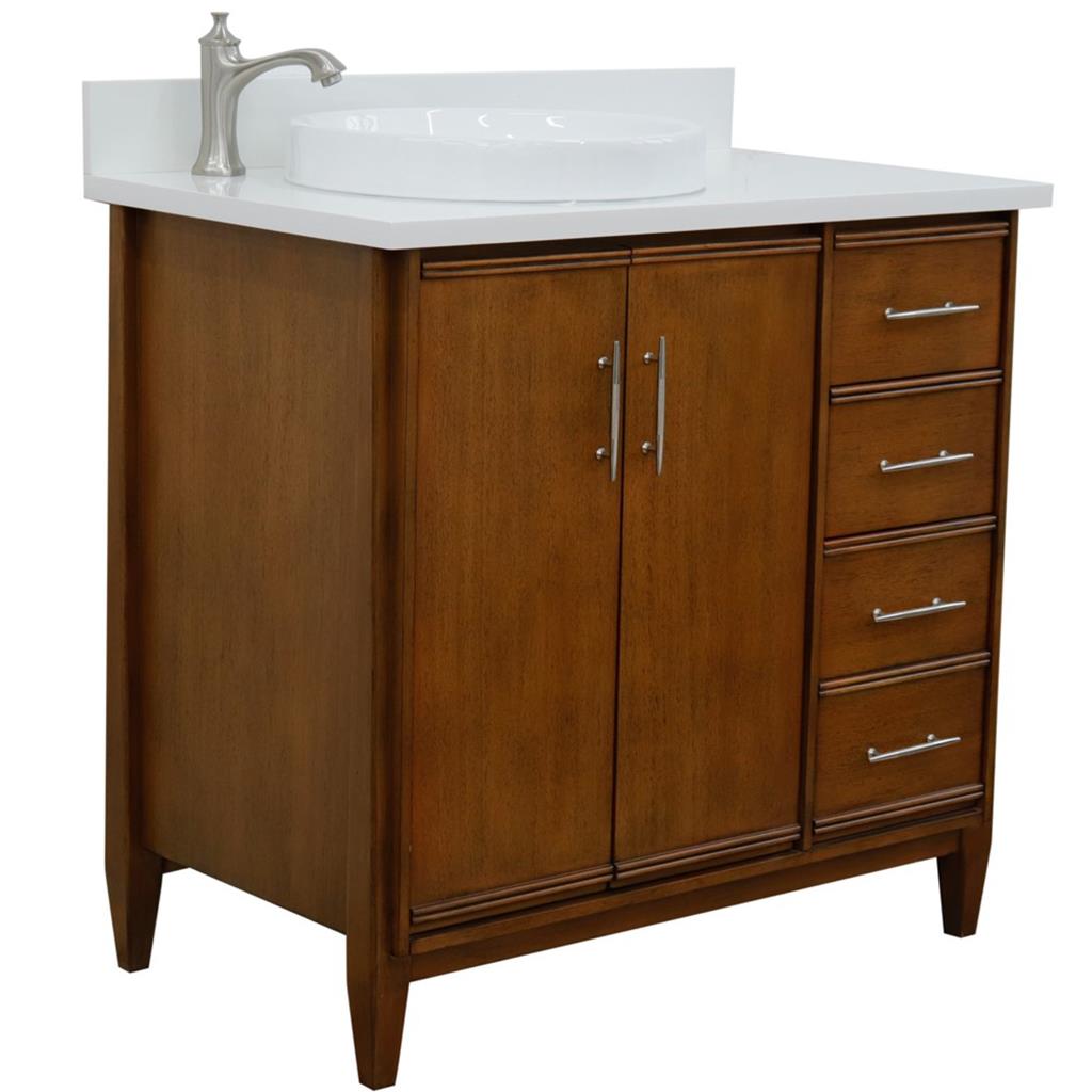 Bellaterra MCM 37" Single Vanity, Walnut, White Quartz Top/Round Sink, Left Door/Left Sink