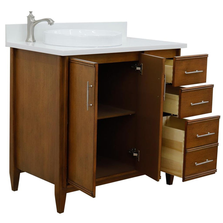 Bellaterra MCM 37" Single Vanity, Walnut, White Quartz Top/Round Sink, Left Door/Left Sink