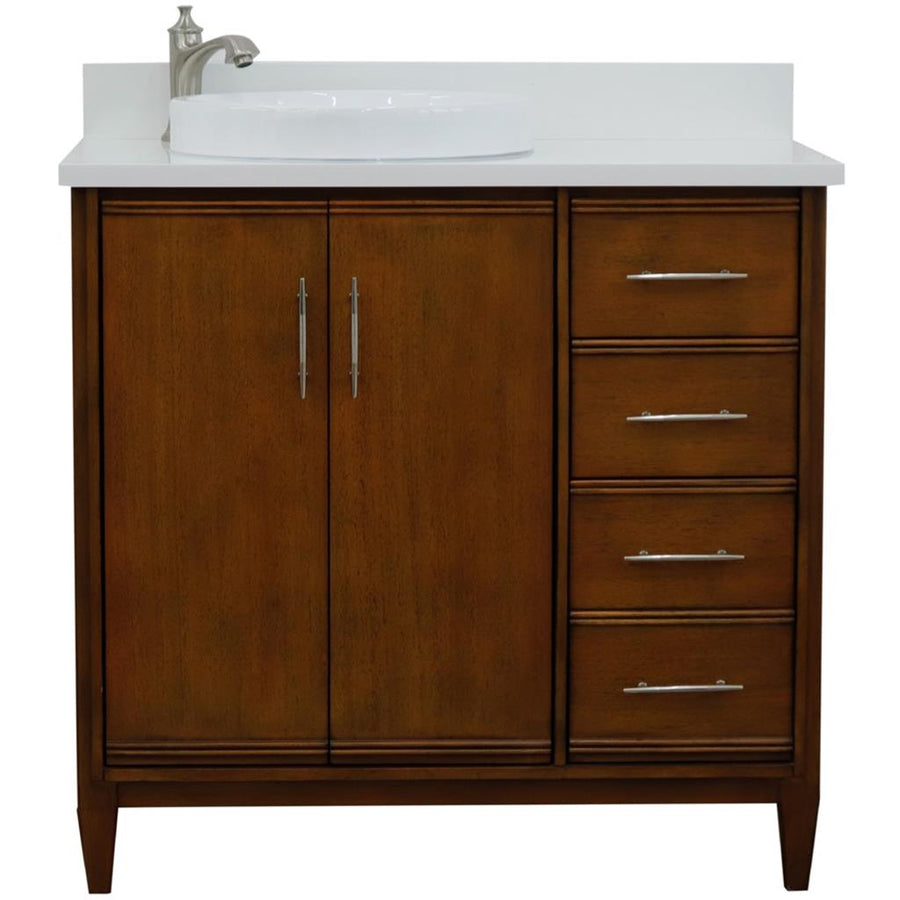 Bellaterra MCM 37" Single Vanity, Walnut, White Quartz Top/Round Sink, Left Door/Left Sink