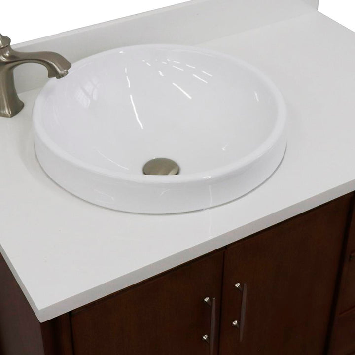 Bellaterra MCM 37" Single Vanity, Walnut, White Quartz Top/Round Sink, Left Door/Left Sink