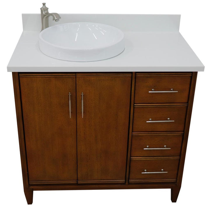 Bellaterra MCM 37" Single Vanity, Walnut, White Quartz Top/Round Sink, Left Door/Left Sink