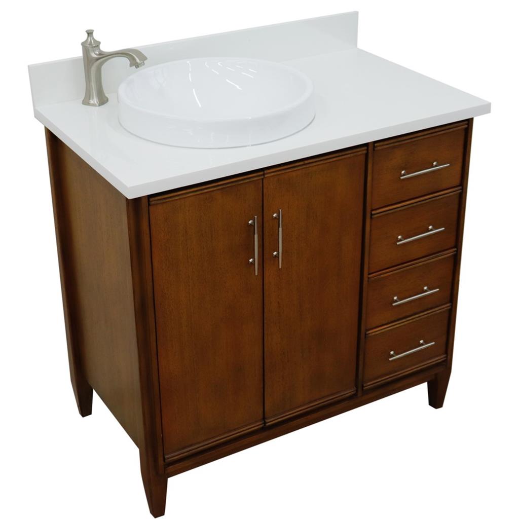 Bellaterra MCM 37" Single Vanity, Walnut, White Quartz Top/Round Sink, Left Door/Left Sink