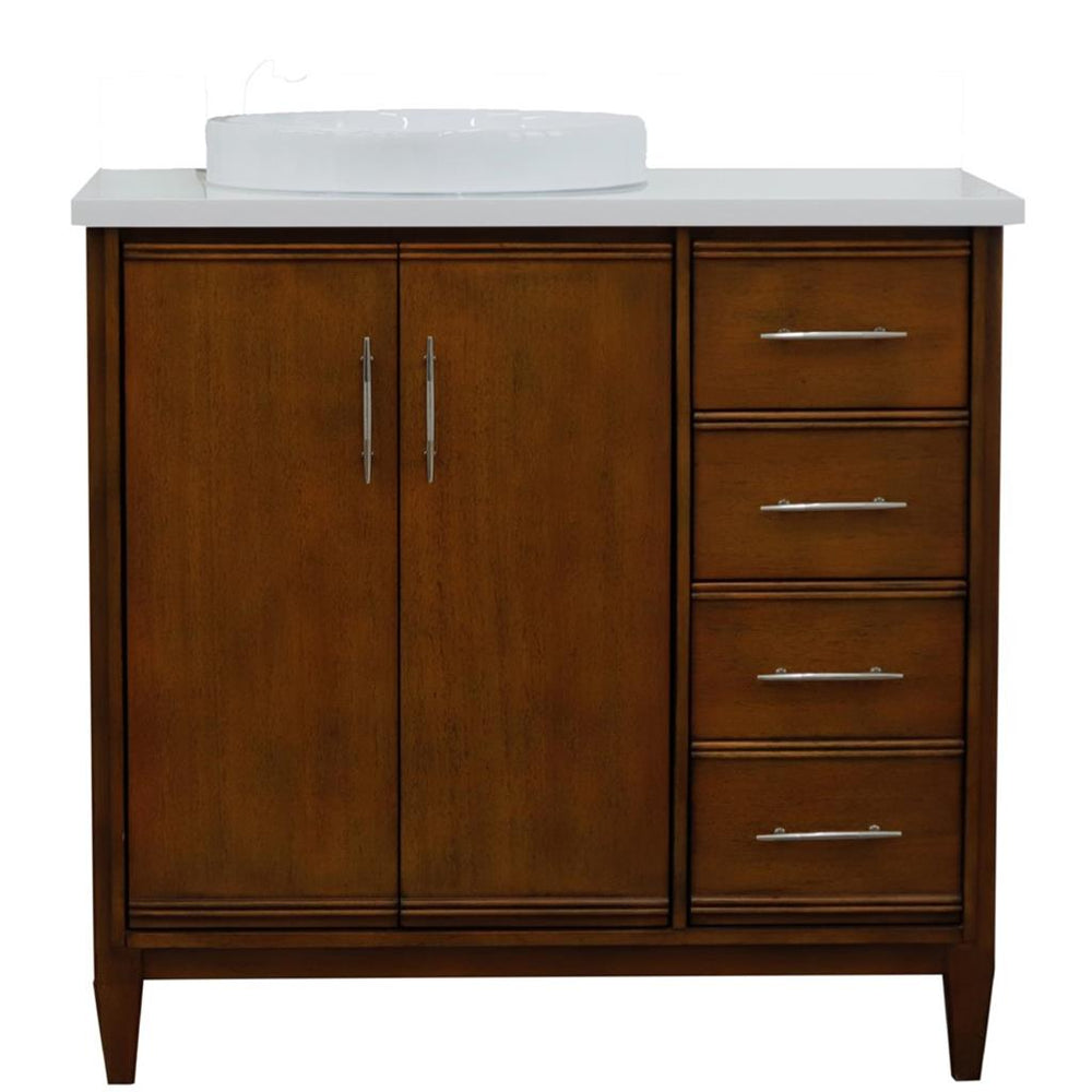 Bellaterra MCM 37" Single Vanity, Walnut, White Quartz Top/Round Sink, Left Door/Left Sink