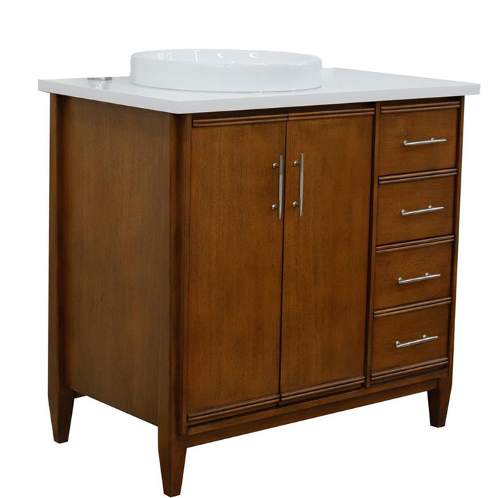 Bellaterra MCM 37" Single Vanity, Walnut, White Quartz Top/Round Sink, Left Door/Left Sink