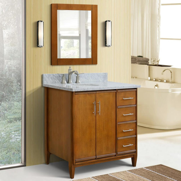 Bellaterra MCM 37" Single Vanity, Walnut, White Carrara Marble Top/Oval Sink, Left Door/Left Sink