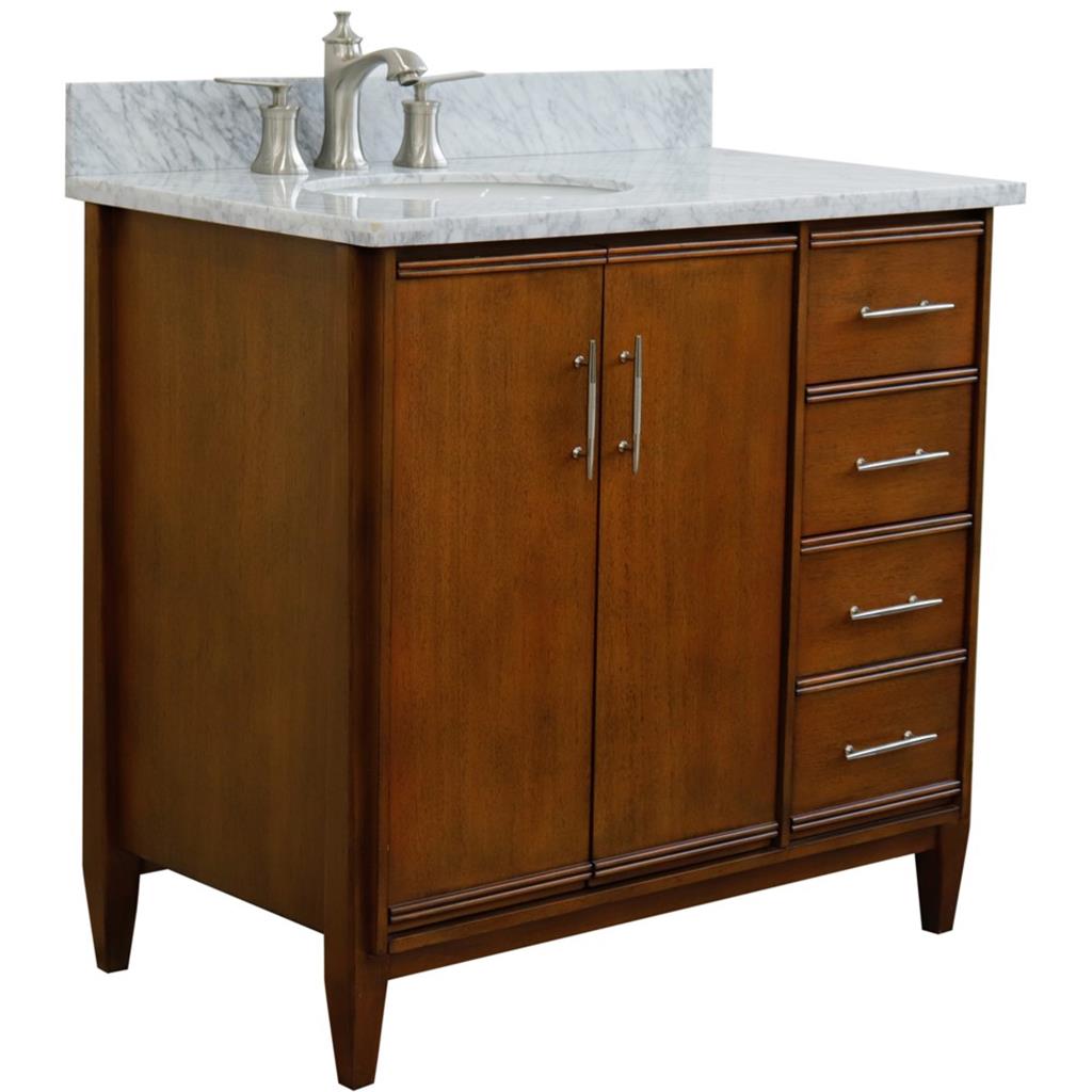 Bellaterra MCM 37" Single Vanity, Walnut, White Carrara Marble Top/Oval Sink, Left Door/Left Sink