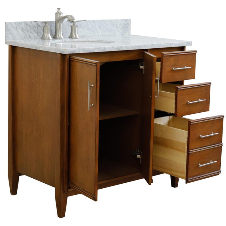 Bellaterra MCM 37" Single Vanity, Walnut, White Carrara Marble Top/Oval Sink, Left Door/Left Sink