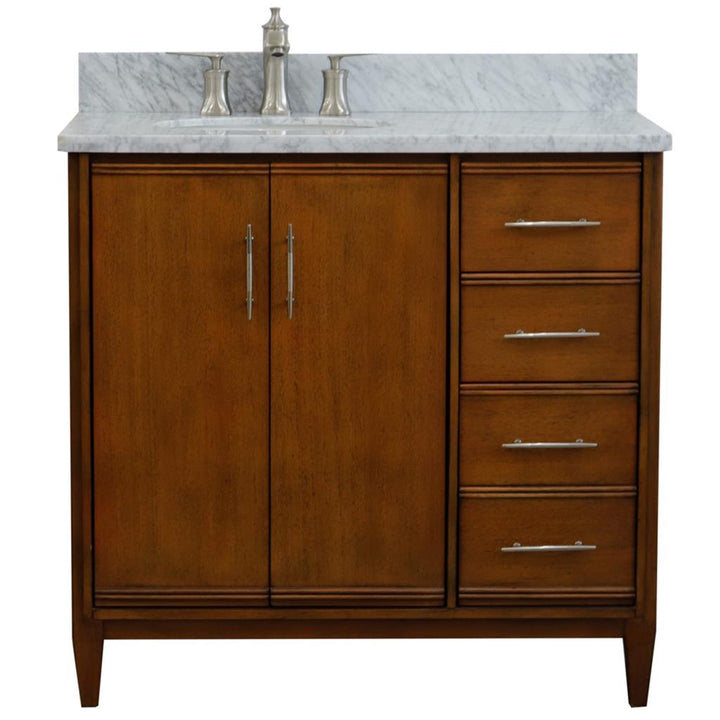 Bellaterra MCM 37" Single Vanity, Walnut, White Carrara Marble Top/Oval Sink, Left Door/Left Sink