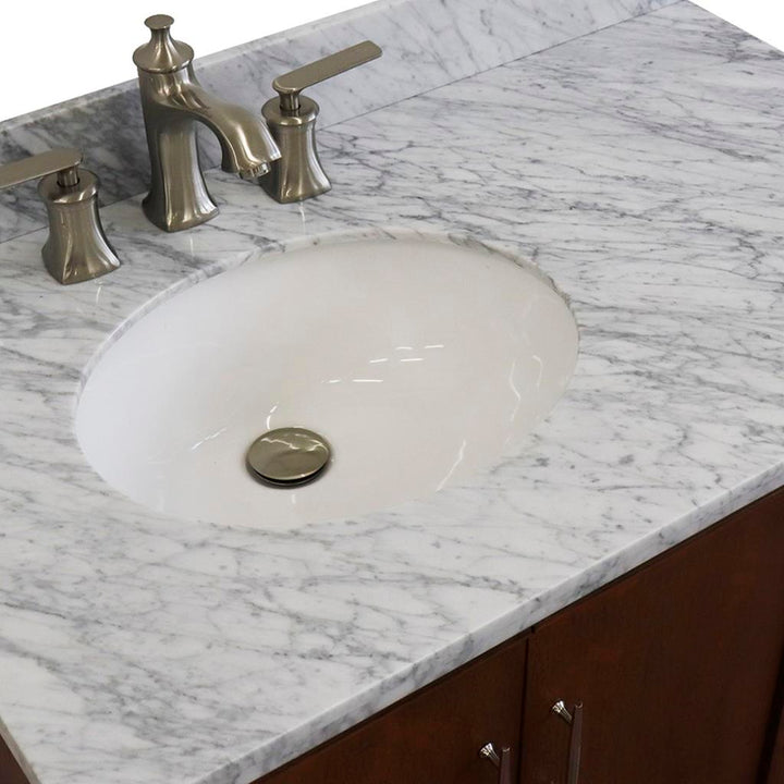 Bellaterra MCM 37" Single Vanity, Walnut, White Carrara Marble Top/Oval Sink, Left Door/Left Sink