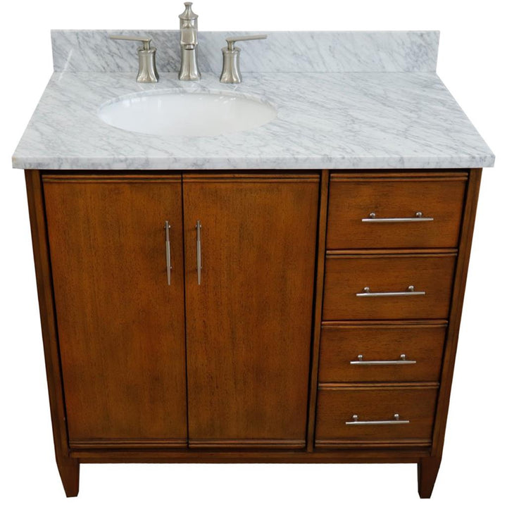 Bellaterra MCM 37" Single Vanity, Walnut, White Carrara Marble Top/Oval Sink, Left Door/Left Sink