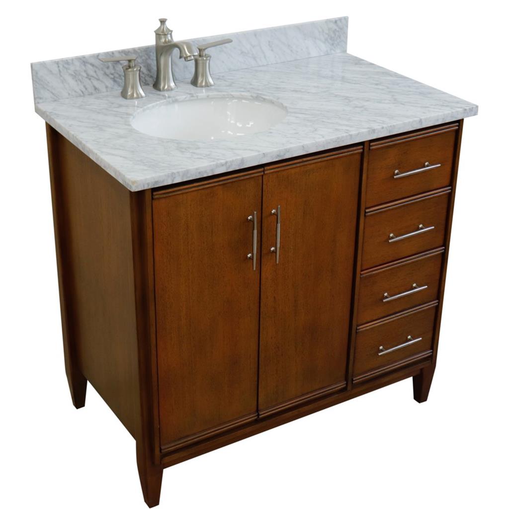 Bellaterra MCM 37" Single Vanity, Walnut, White Carrara Marble Top/Oval Sink, Left Door/Left Sink